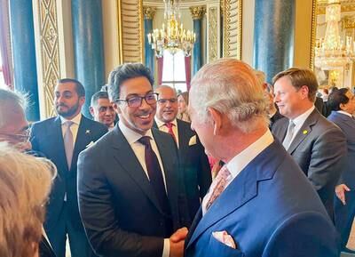 Sheikh Mansour bin Zayed, Vice President, Deputy Prime Minister and Minister of the Presidential Court, speaks with King Charles at the reception in London. Wam