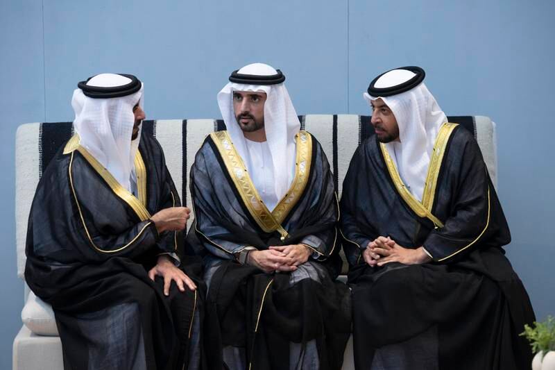 Sheikh Saif bin Zayed, UAE Deputy Prime Minister and Minister of Interior, left, with Sheikh Hamdan, centre, and Sheikh Hamdan bin Zayed Al Nahyan, Ruler’s Representative in Al Dhafra Region. Hamad Al Kaabi / UAE Presidential Court 