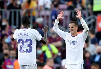 Real Madrid's Lucas Vazquez celebrates scoring their second goal with Ferland Mendy. Reuters