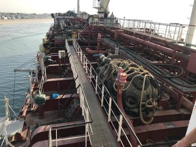 The deck of the 5,000-tonne Mt Iba that was grounded on Umm Al Quwain public beach on Friday, January 22.