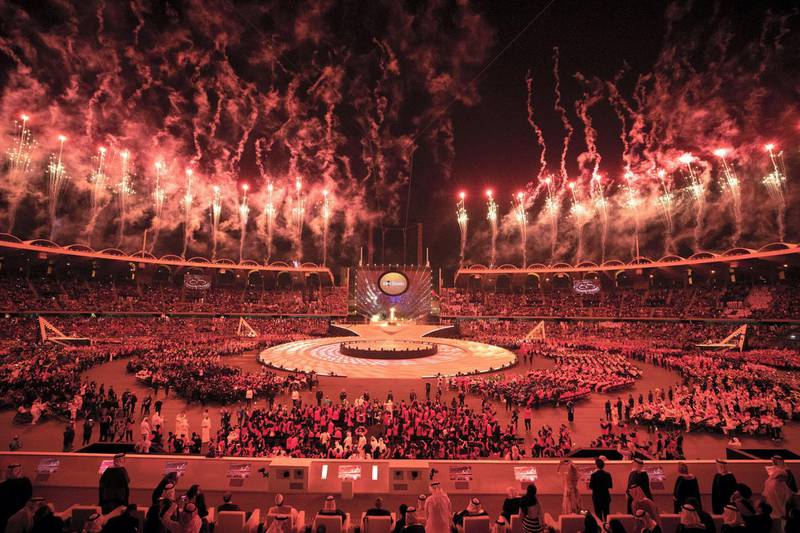 ABU DHABI, UNITED ARAB EMIRATES - March 14, 2019: A fireworks display marks the end of the opening ceremony of the Special Olympics World Games Abu Dhabi 2019, at Zayed Sports City. 

( Hamed Al Mansoori for the Ministry of Presidential Affairs )
---
