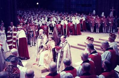 2nd June 1953:  Queen Elizabeth II at her coronation ceremony in Westminster Abbey, London.  (Photo by Hulton Archive/Getty Images)