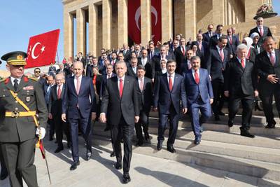Turkish President Recep Tayyip Erdogan and state officials visit Anitkabir, the mausoleum of Turkish Republic's founder, Mustafa Kemal Ataturk, in Ankara on Sunday. AFP