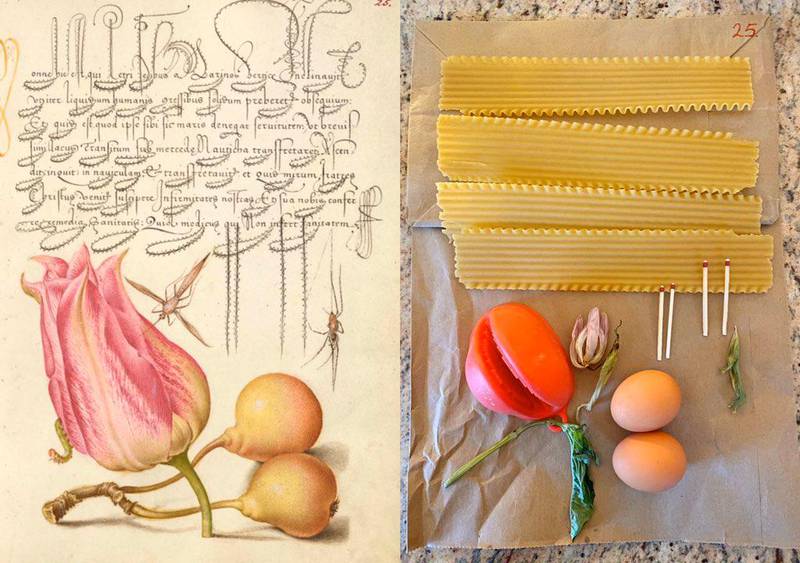 A recreated Joris Hoefnagel illustration by the Martinez family on Twitter using lasagna sheets, matches, produce and paper bag. Courtesy The Getty Museum
