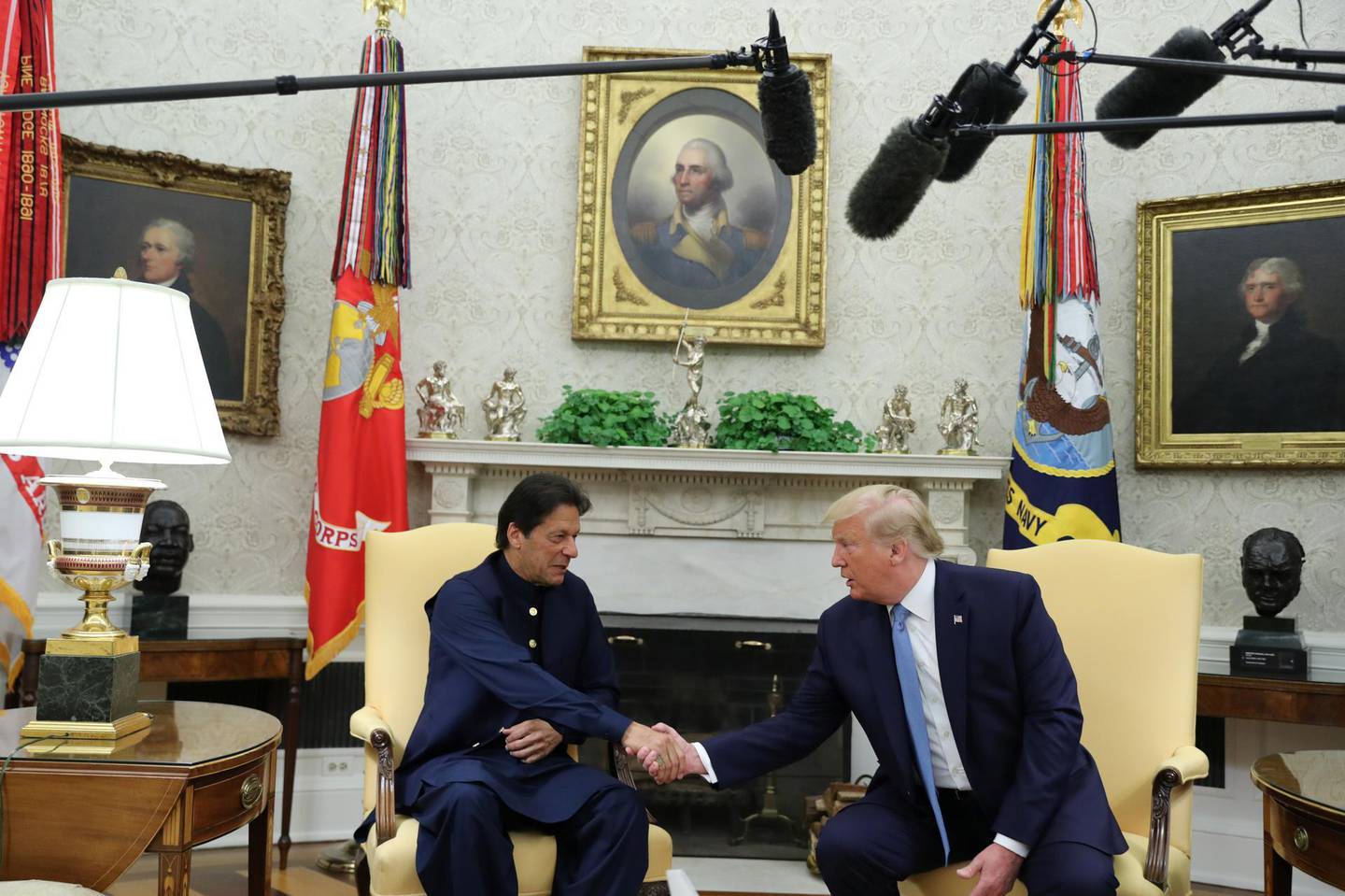 U.S. President Donald Trump greets Pakistan’s Prime Minister Imran Khan in the Oval Office at the White House in Washington, U.S., July 22, 2019. REUTERS/Jonathan Ernst