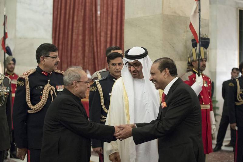 Sheikh Mohammed bin Zayed, Crown Prince of Abu Dhabi and Deputy Supreme Commander of the Armed Forces, with Yusuff Ali, head of the Lulu Group, right, and Pranab Mukherjee, the late President of India, at a dinner reception in 2017 at Rashtrapati Bhavan in India. Courtesy: Crown Prince Court, Abu Dhabi