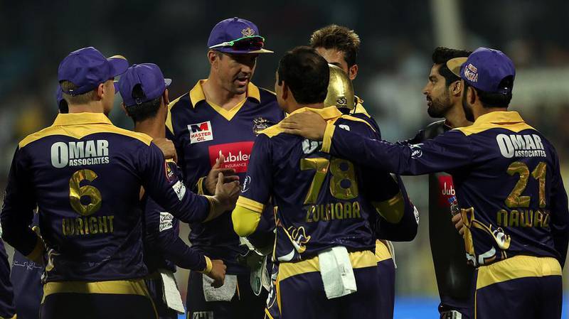 Kevin Pietersen, third from left and pictured playing for the Quetta Gladiators in 2017, played his last game of professional cricket at the Sharjah Cricket Stadium on Saturday. Satish Kumar / The National