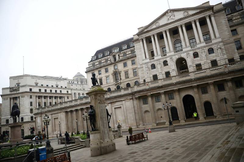 FILE PHOTO: A general view of The Bank of England in London, Britain, March 19, 2020. REUTERS/Hannah McKay/File Photo
