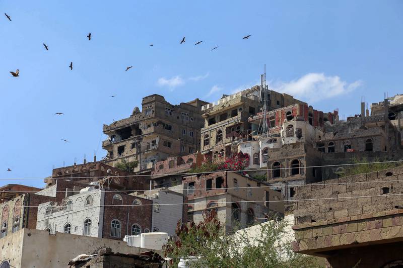 Buildings damaged during years of fighting in Yemen's rebel-besieged third city of Taez. AFP