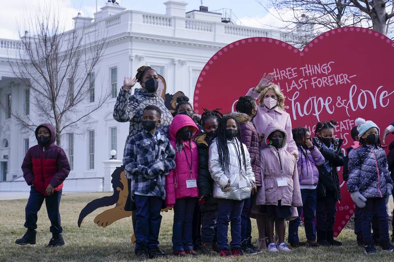 First lady Jill Biden welcomes school children to the White House in Washington to celebrate Valentine's Day. AP