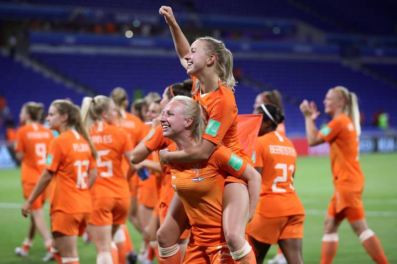 LYON, FRANCE - JULY 03: Jackie Groenen and Inessa Kaagman of the Netherlands celebrate victory following the 2019 FIFA Women's World Cup France Semi Final match between Netherlands and Sweden at Stade de Lyon on July 03, 2019 in Lyon, France. (Photo by Alex Grimm/Getty Images)