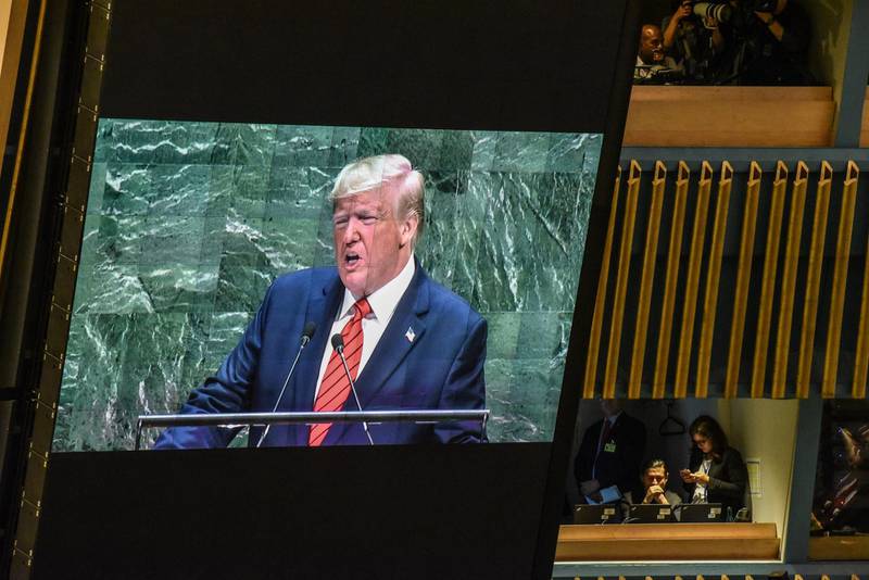 US President Donald Trump is shown on a monitor during his speech at the United Nations General Assembly on September 24, 2019 in New York. AFP