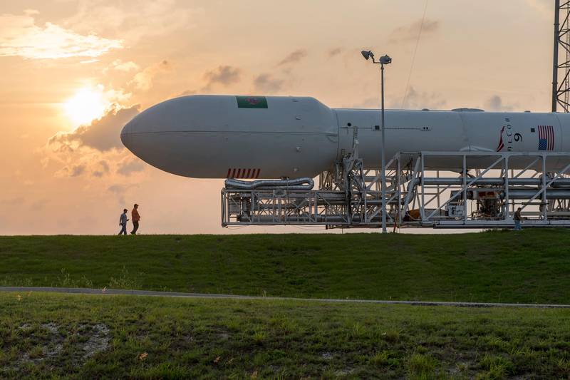 CAPE CANAVERAL, FL - APRIL 26: In this handout provided by the National Aeronautics and Space Administration (NASA), SpaceX's Falcon 9 is moved to the launch pad prior to the rocket's Thales Alenia Space launch attempt on April 26, 2015 in Cape Canaveral, Florida. (Photo by NASA via Getty Images)