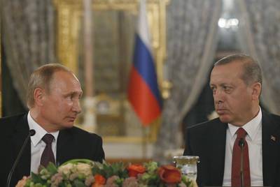 Russian president Vladimir Putin and Turkey’s Recep Tayyip Erdogan certainly have a lot to talk about. Emrah Gurel / AP Photo

