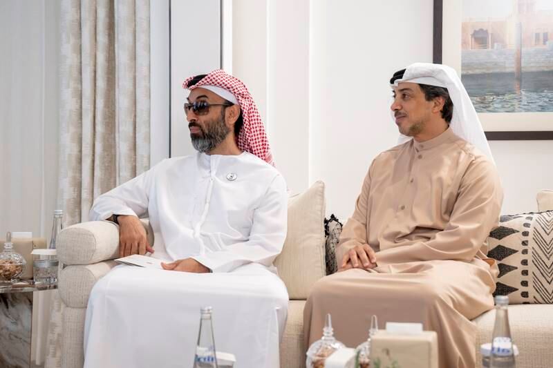 Sheikh Mansour bin Zayed, Deputy Prime Minister and Minister of the Presidential Court and Sheikh Tahnoon bin Zayed, UAE National Security Adviser, at Al Shati Palace
