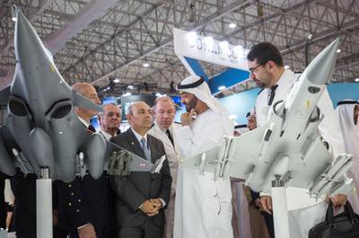 Dubai, United Arab Emirates- HH Sheikh Mohammed bin Zayed Al Nahyan crown pince of Abu Dhabi visiting one of the stand  at the Dubai Airshow 2019 at Maktoum Airport.  Leslie Pableo for the National