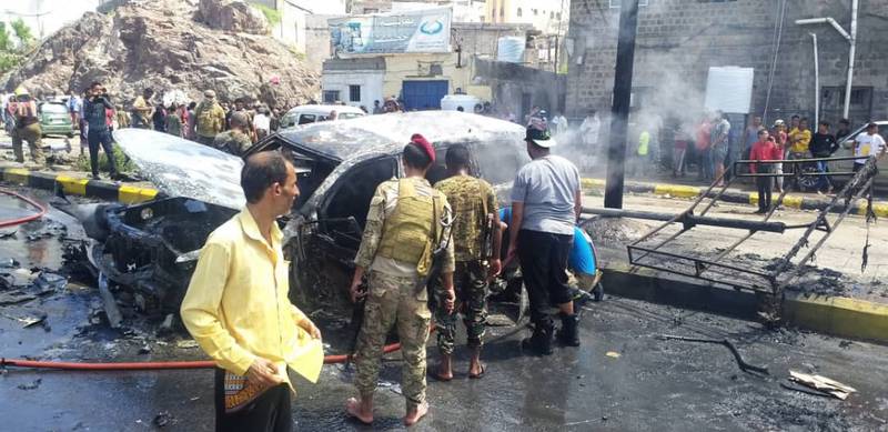Car bomb site that targetted an official convoy in Yemen's Aden on Sunday . Photo: Ali Al Mahmood