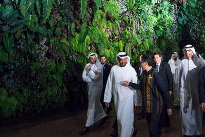 SINGAPORE, SINGAPORE - February 28, 2019: HH Sheikh Mohamed bin Zayed Al Nahyan, Crown Prince of Abu Dhabi and Deputy Supreme Commander of the UAE Armed Forces (2nd L) tours Gardens by the Bay. Seen with Felix Loh, Chief Executive Officer of Gardens by the Bay (2nd R), HE Khaldoon Khalifa Al Mubarak, CEO and Managing Director Mubadala, Chairman of the Abu Dhabi Executive Affairs Authority and Abu Dhabi Executive Council Member (L) and HE Dr Sultan Ahmed Al Jaber, UAE Minister of State, Chairman of Masdar and CEO of ADNOC Group (R).
( Eissa Al Hammadi for the Ministry of Presidential Affairs )
---