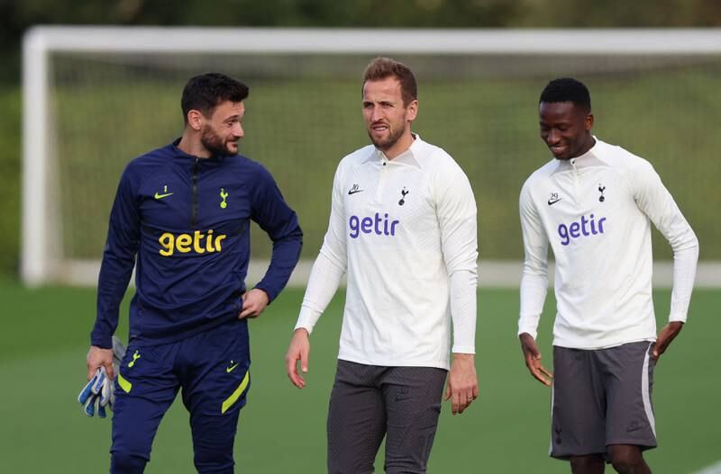 Left to right: Tottenham's Hugo Lloris, Harry Kane and Pape Matar Sarr during training. Reuters