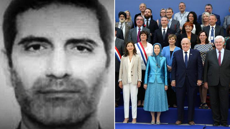 Left: Assadollah Assadi has dropped his appeal for conspiring to blow up a dissidents' rally, right: NCRI leader Maryam Rajavi, in blue, flanked by some of the attendees of the 2018 conference outside Paris, targeted in the Iranian bomb plot. US Embassy Iran/AFP