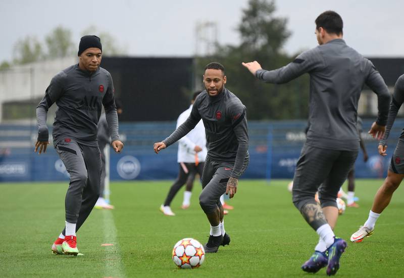 Lionel Messi, Neymar and Kylian Mbappe during PSG's training session at Saint-Germain-en-Laye. AFP