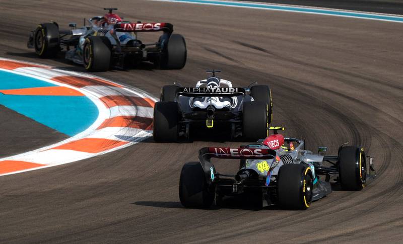 Lewis Hamilton, George Russell and AlphaTauri's Pierre Gasly in action during practice. Reuters