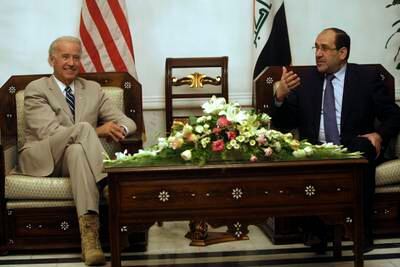 Joe Biden, US vice president, meets prime minister Nouri Al Maliki near Baghdad on July 3, 2009. Mr Biden’s first visit to Iraq as vice president took place days after US forces pulled out of Iraqi cities.