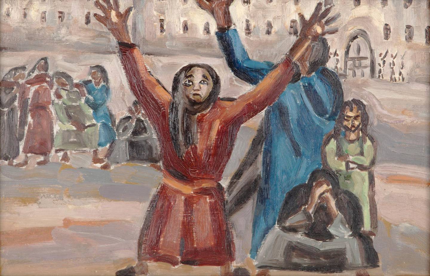 Egyptian artist Inji Eflatoun’s ‘Prisoners’ (1957) is one of more than 120 paintings and sculptures of the Barjeel Art Foundation on semi-permanent exhibition at Sharjah Art Museum. Courtesy Barjeel Art Foundation