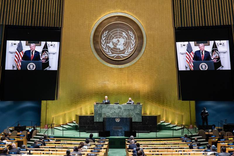 Donald Trump, president of the United States, speaks in a pre-recorded message. UN via AP