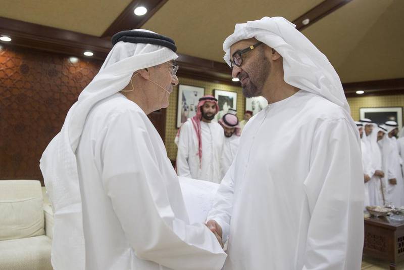 Sheikh Mohammed bin Zayed, Crown Prince of Abu Dhabi and Deputy Supreme Commander of the Armed Forces, thanks Dr Zaki Nusseibeh, cultural adviser at the Ministry of Presidential Affairs, after his lecture at Al Bateen Palace. Mohamed Al Hammadi / Crown Prince Court – Abu Dhabi