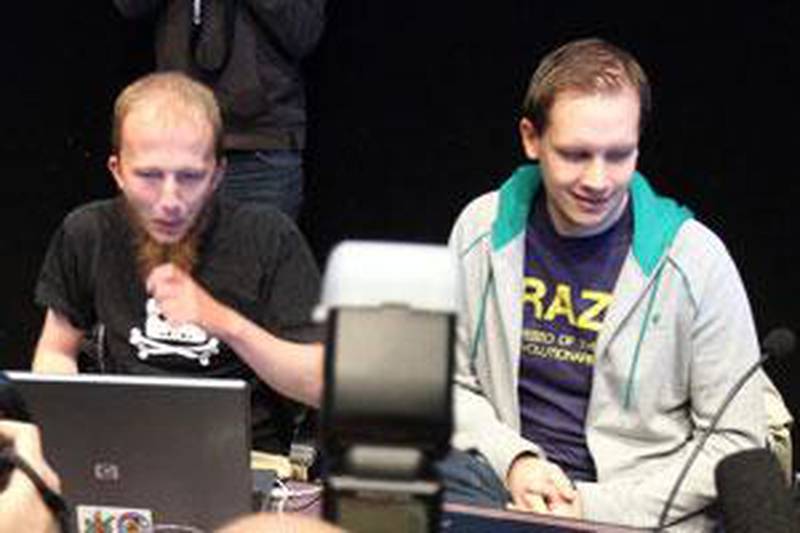 File picture of Gottfrid Svartholm Warg (centre) and Peter Sunde (right) from The Pirate Bay meeting the press in Stockholm.