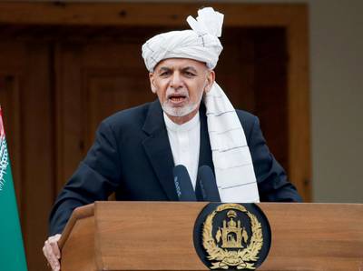 FILE PHOTO: Afghanistan's president, Ashraf Ghani, speaks during his inauguration as president, in Kabul, Afghanistan March 9, 2020. REUTERS/Mohammad Ismail/File Photo