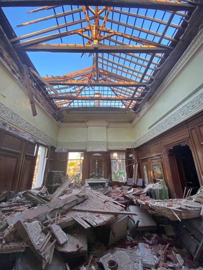 Library post-blast with destroyed roof by Bassam Lahoud