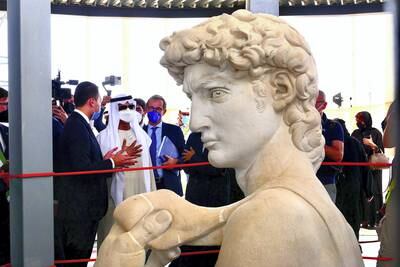 David statue unveiled at the Italy pavilion at EXPO 2020 site in Dubai on April 27,2021. Sheikh Nahyan bin Mubarak Al Nahyan the UAE’s minister of tolerance, Reem Al Hashimy, UAE Minister of State for International Cooperation and other guests were also present during the unveiling ceremony. (Pawan Singh/The National) Story by Ramola