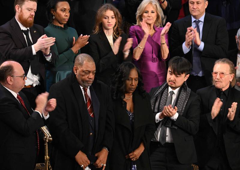 Rodney and RowVaughn Wells (3rd L), parents of Tyre Nichols, are applauded after US President Joe Biden acknowledged them during a State of the Union address in Washington DC. AFP