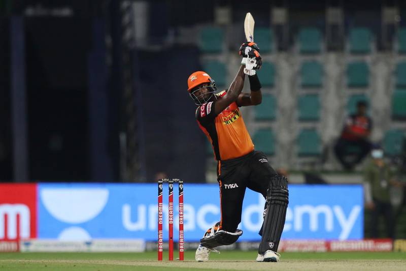 Jason Holder of Sunrisers Hyderabad plays a shot during the eliminator match of season 13 of the Dream 11 Indian Premier League (IPL) between the Sunrisers Hyderabad and the Royal Challengers Bangalore at the Sheikh Zayed Stadium, Abu Dhabi  in the United Arab Emirates on the 6th November 2020.  Photo by: Pankaj Nangia  / Sportzpics for BCCI
