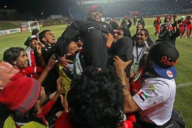 Mahdi Ali, seen here celebrating the UAE football team's Olympic qualification in Tashkent earlier this year, calls the Under 23 team 'family'. Sammy Dallal / The National