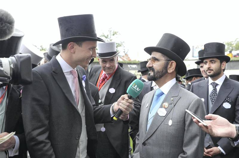 Mohamed Bin Rashid witnesses the achievement of Godolphin's team on first day of Royal Ascot horse race event. WAM
