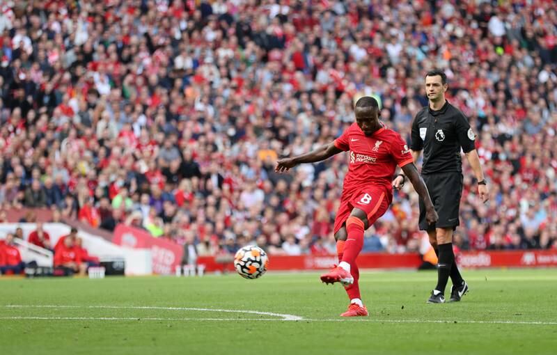 Liverpool midfielder Naby Keita of Liverpool scores the third goal. Getty Images