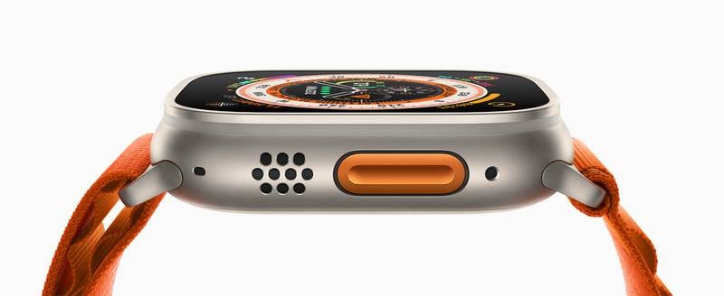 Apple Watch Ultra features a new, customisable action button in high-contrast international orange that gives users quick physical control over a range of functions. Photo: Apple