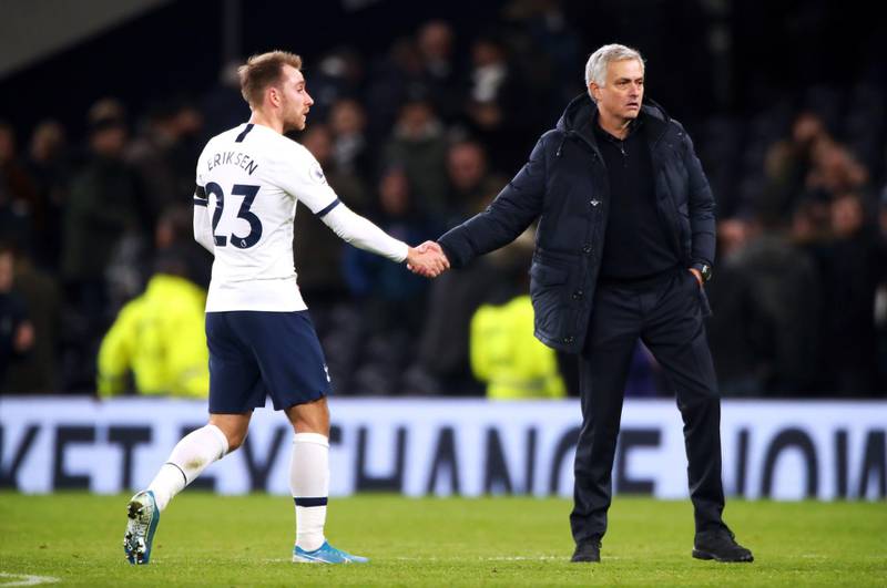 Tottenham Hotspur manager Jose Mourinho (right) shakes hands with Christian Eriksen after the Premier League match at Tottenham Hotspur Stadium, London. PA Photo. Picture date: Sunday December 22, 2019. See PA story SOCCER Tottenham. Photo credit should read: Nick Potts/PA Wire. RESTRICTIONS: EDITORIAL USE ONLY No use with unauthorised audio, video, data, fixture lists, club/league logos or "live" services. Online in-match use limited to 120 images, no video emulation. No use in betting, games or single club/league/player publications.