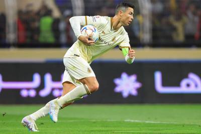 Al Nassr's Portuguese forward Cristiano Ronaldo after scoring a penalty in the Saudi Pro League match against Al Fateh at the Prince Abdullah bin Jalawi Stadium in Al Hasa on Friday, February 3, 2023. AFP