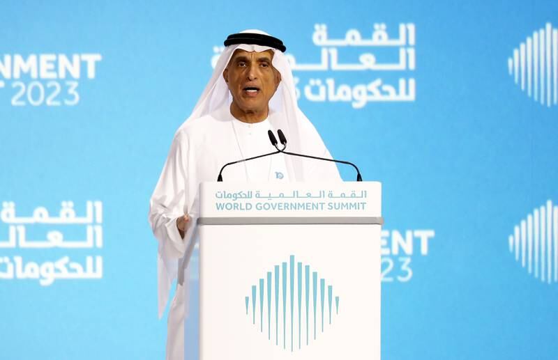 Sheikh Saud bin Saqr Al Qasimi, Ruler of Ras Al Khaimah, addresses delegates at the summit. Pawan Singh / The National
