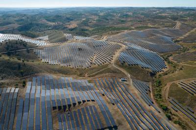 The Solara 4 solar park, in Vaqueiros, Portugal. Investment in energy transition needs to at least quadruple, according to Irena. Bloomberg