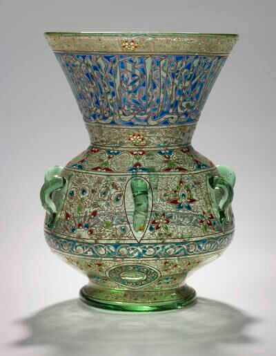 Glass vessel in the shape of a mosque lamp by Joseph Brocard. The item will be exhibit as part of the Cartier, Islamic Inspiration and Modern Design exhibition. Photo: APF