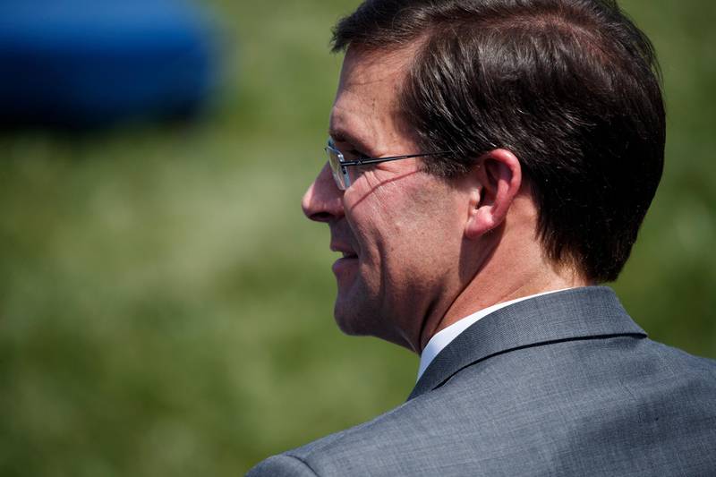 epa07740351 Recently confirmed Secretary of Defense Mark Esper participates in his full honors welcome ceremony at the Pentagon in Arlington, Virginia, USA, 25 July 2019.  EPA/SHAWN THEW