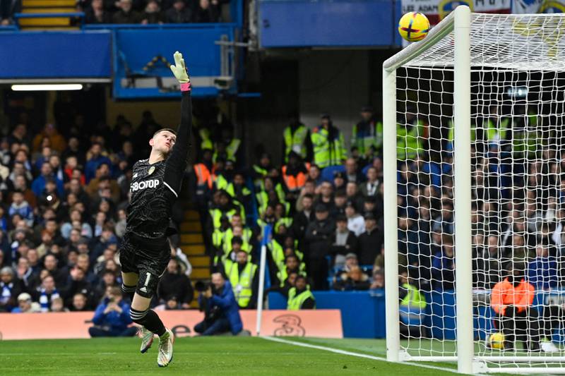 Leeds goalkeeper  Illan Meslier wastches a shot from Chelsea's Joao Felixhit the crossbar in the first half. AFP