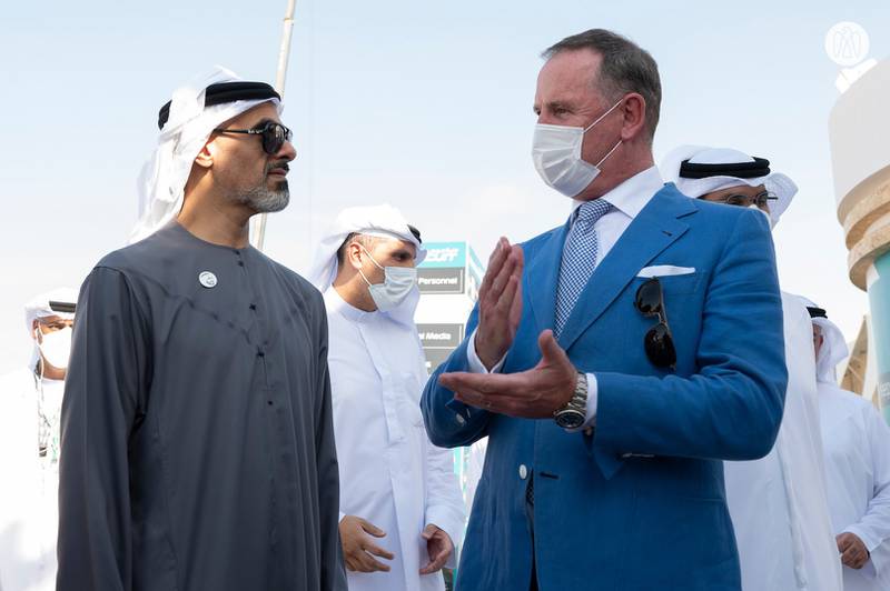 Sheikh Khaled tours the F1 facilities at the remodelled Yas Marina Circuit.