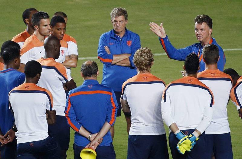 Netherlands coach Louis van Gaal leads a training session on Friday ahead of their Saturday match against Costa Rica at the 2014 World Cup. Yuri Kochetkov / EPA / July 4, 2014