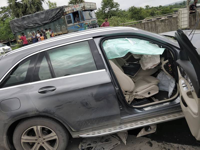 The smashed car in which Mistry was travelling in Palghar district near Mumbai. The car crashed into a barrier on a bridge. AP Photo